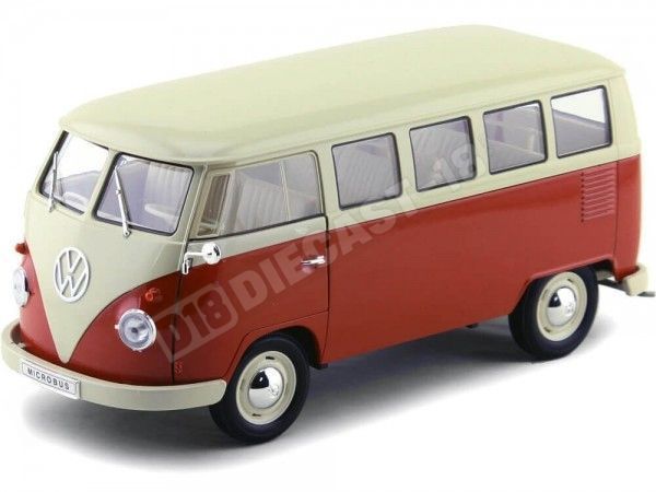 Cochesdemetal.es 1963 Volkswagen T1 Classical Microbus Rojo/Blanco 1:18 Welly 18054