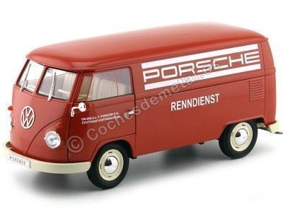 Cochesdemetal.es 1963 Volkswagen T1 Microbus Pannel Van "Service Porsche" Rojo 1:18 Welly 18053